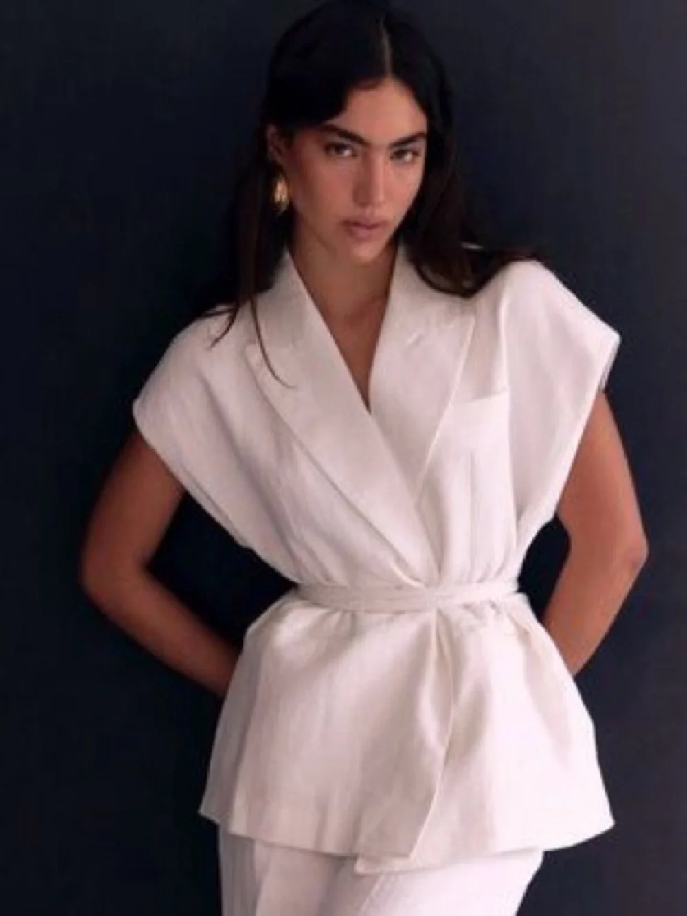 Zara Linen Blend Belted Sleeveless Blazer Vest White Size L